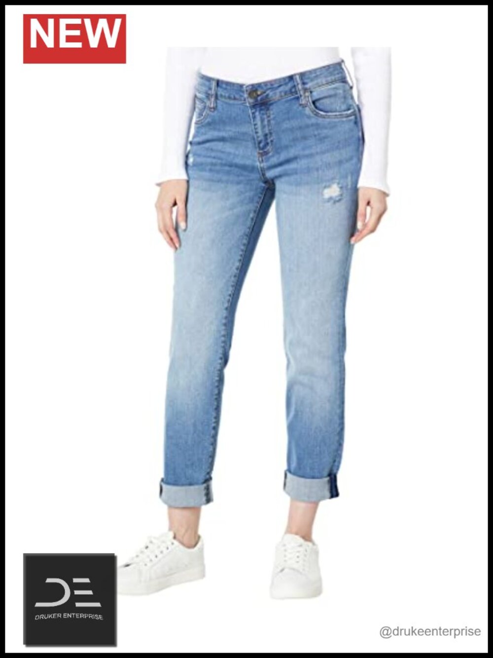 Boyfriend Jeans Mid Rise Cuffed Stretch Cotton Blend 5 Pocket